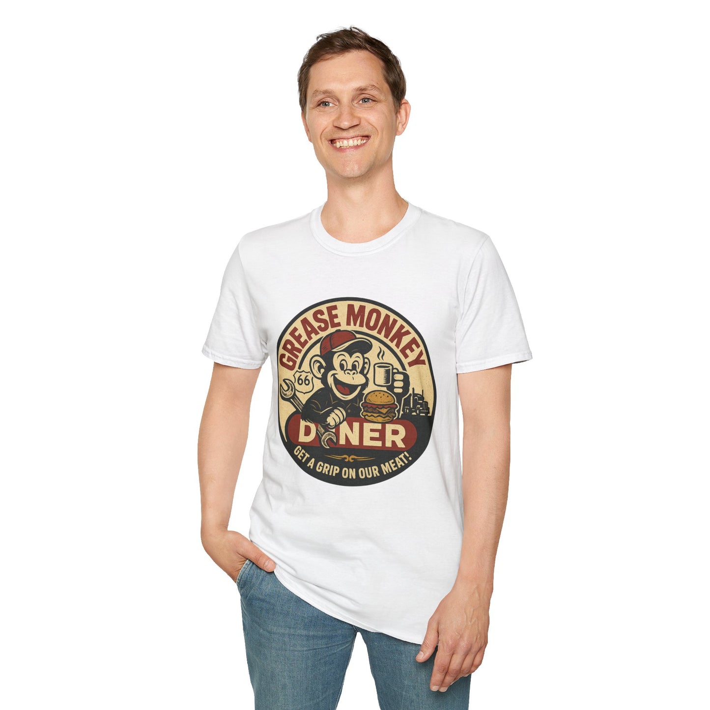 Grease Monkey Diner T-Shirt – Retro Mechanic Mascot Tee – Funny Vintage Roadside Shirt Gift for Car Guys, Grill Masters, and Route 66 Road Trip Fans