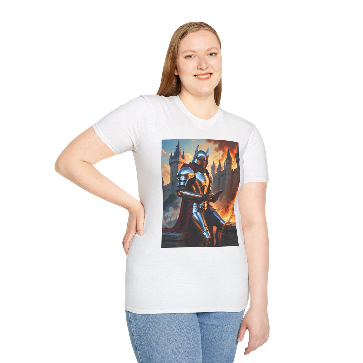 Knight in Burning Castle Shirt – Dark Fantasy Armor Tee – Gift for RPG Fans, Medieval Nerds, and Apocalyptic History Buffs