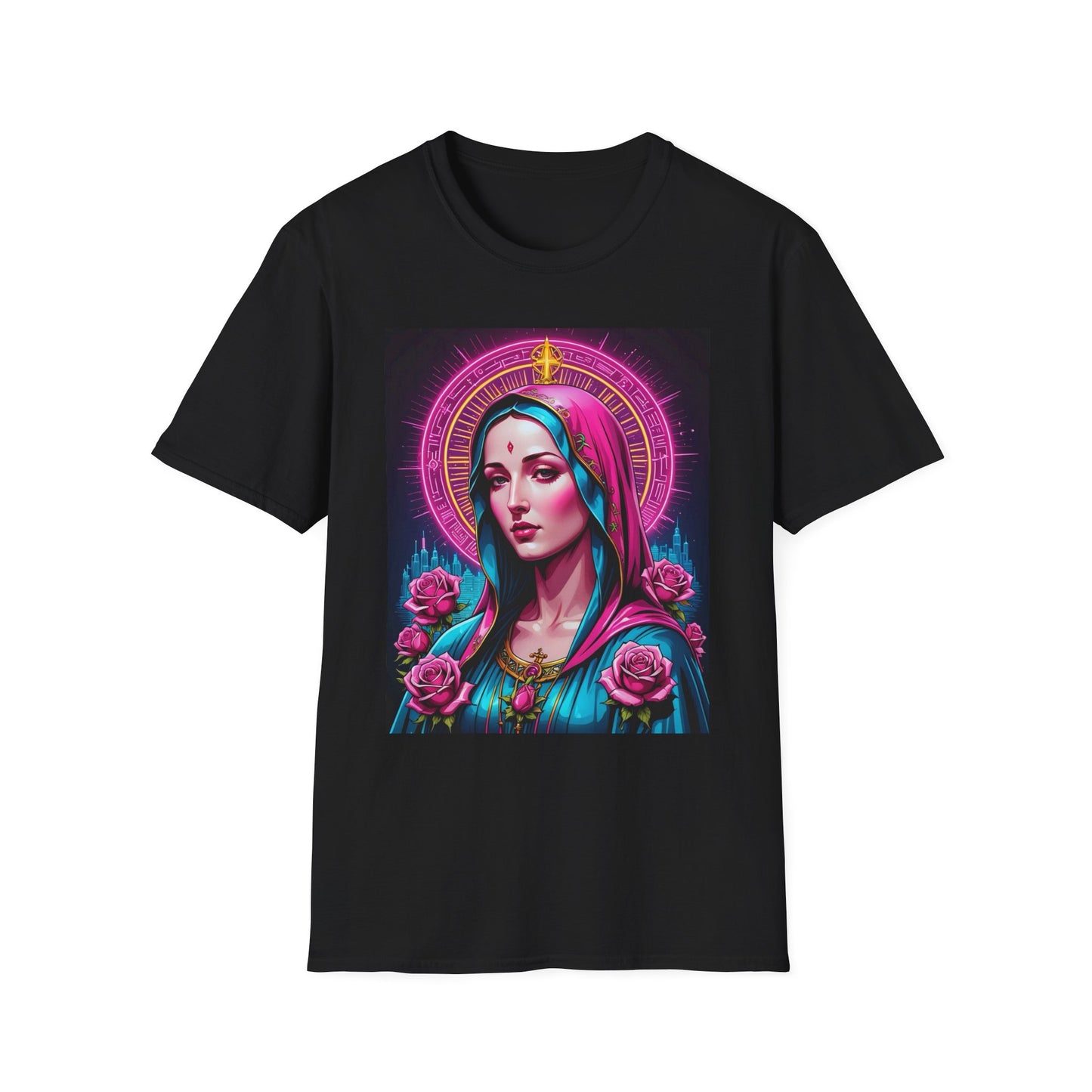 Religious Graphic Tee - Vibrant Mary Artwork, Gift for Devotees, Floral Design Shirt, Faith-Inspired Apparel, Everyday Wear