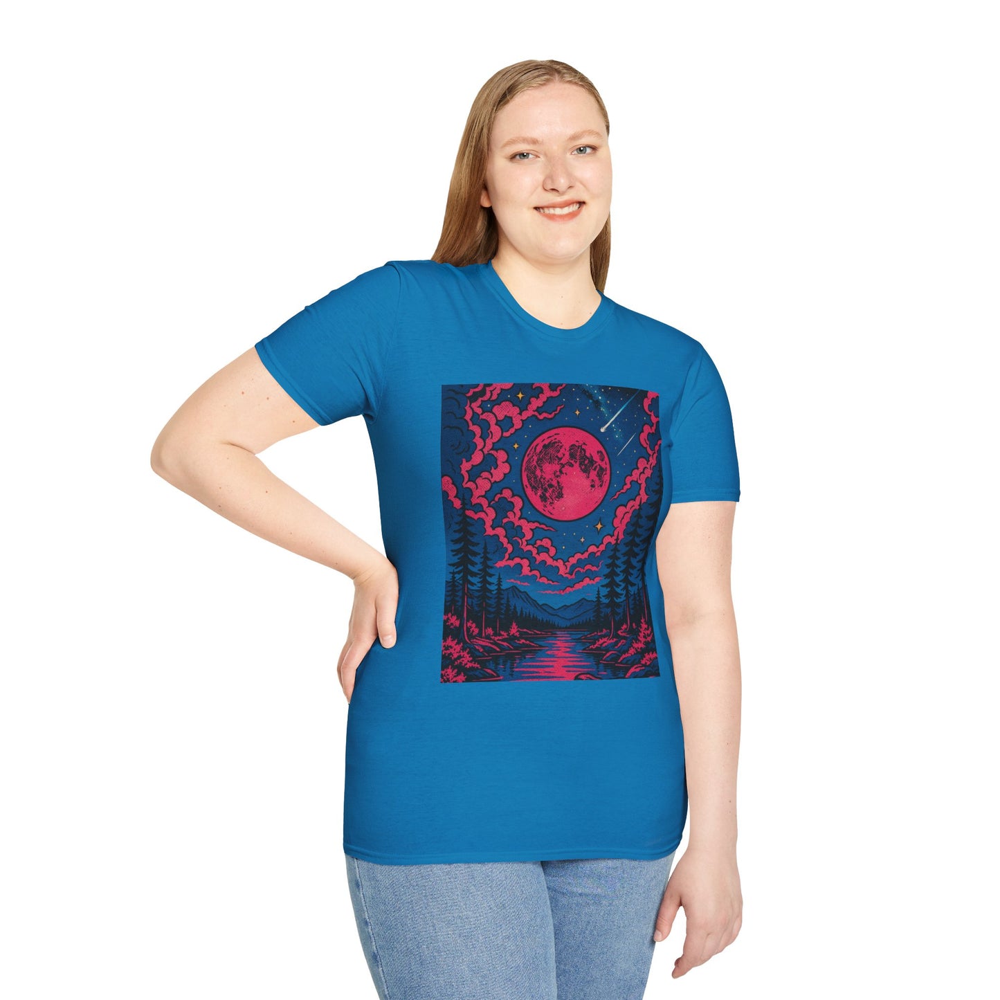 Trippy Red Moon Forest T-Shirt – Surreal Nature Graphic Tee • Psychedelic Night Sky Shirt • Gildan Softstyle® Unisex • Gift for Nature Lovers