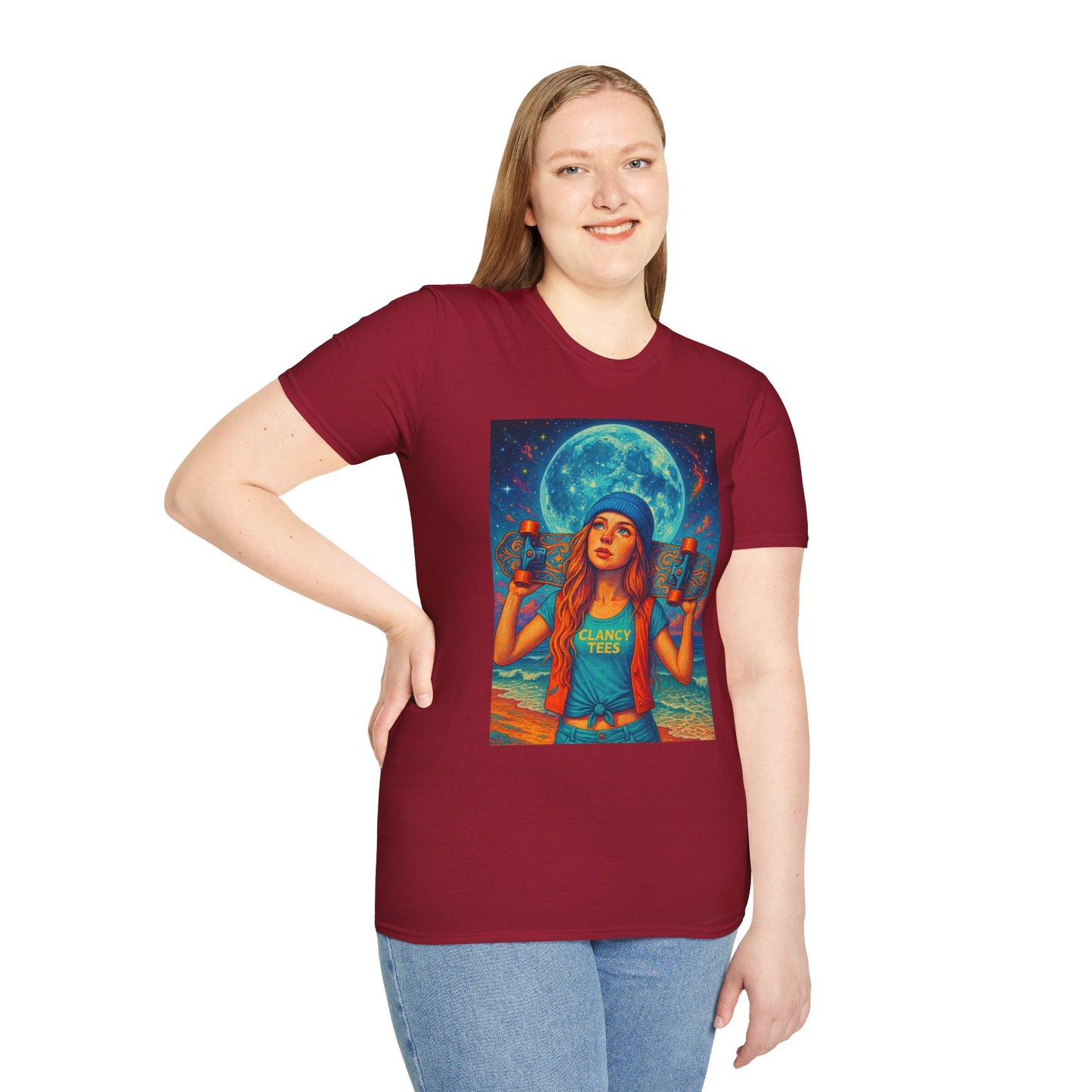 Bohemian Skater Girl Graphic Tee, Unisex T-Shirt with Moon & Nature Design, Perfect for Festivals, Gift for Nature Lovers, Summer Vibes, Casual Wear
