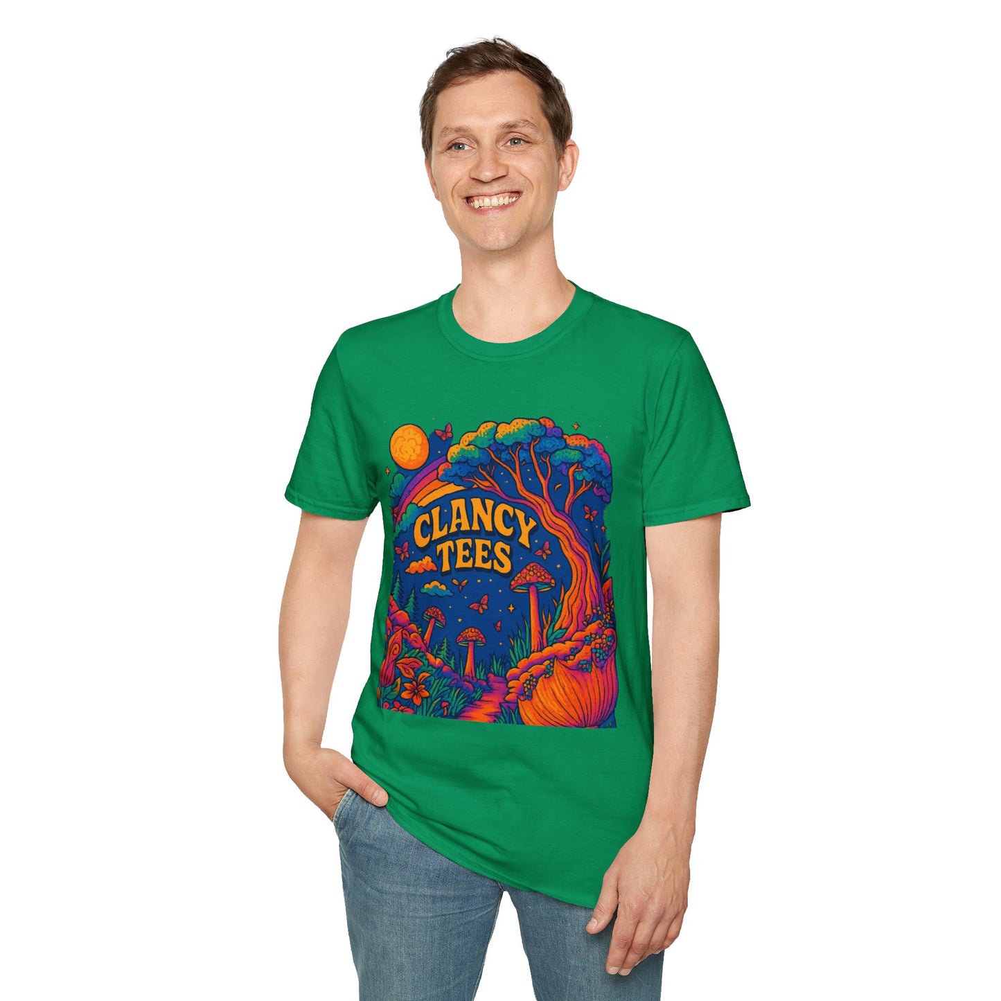 Colorful Nature-Themed Unisex Softstyle T-Shirt - Bohemian Vibe, Perfect for Festivals, Gift for Nature Lovers, Casual Wear, Clancy Tees