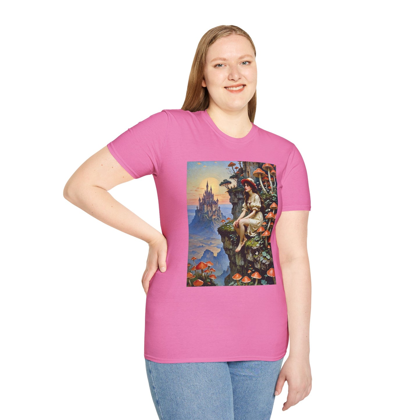 Fantasy Mushroom Fairy T-Shirt Enchanted Castle Cliffside Tee Surreal Magic Art Shirt Gift for Fantasy Fans Gift for Dreamers Psychedelic Nature Tee