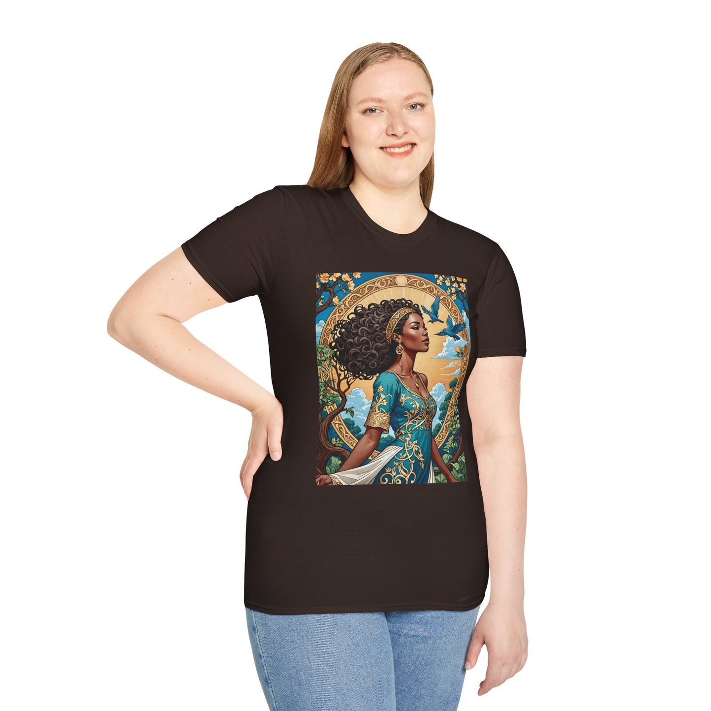 Bohemian Goddess T-Shirt, Unisex Softstyle Tee, Nature-Inspired Apparel, Gift for Women, Artistic Graphic Shirt, Eco-Friendly Fashion