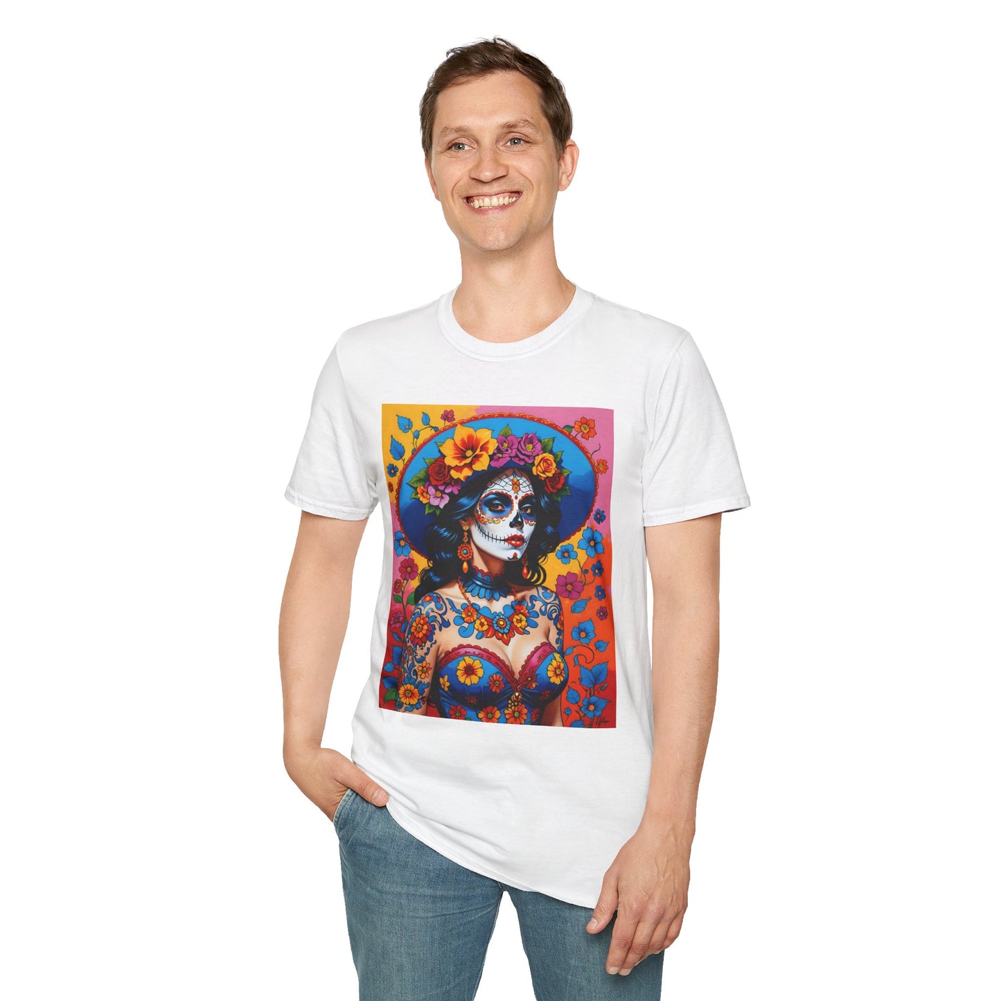 Sugar Skull T-Shirt – Día de los Muertos Art Tee – Gift for Goth Aesthetic Fans, Colorful Skull Lovers, and Tattoo-Inspired Fashion