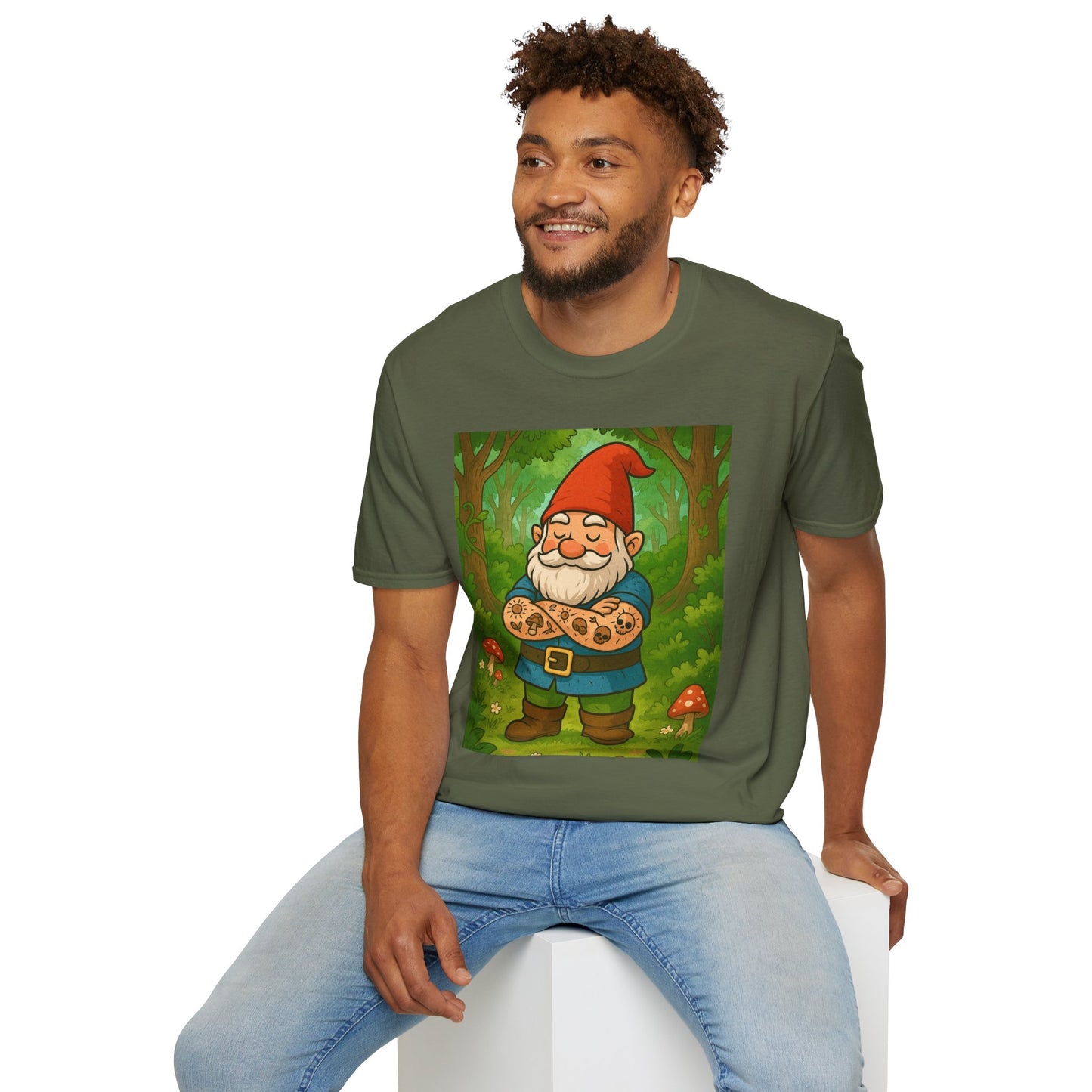 Tattooed Gnome T-Shirt – Funny Forest Inked Gnome Tee – Whimsical Tattoo Garden Shirt Gift for Mushroom Lovers, Gardeners, and Fantasy Fans