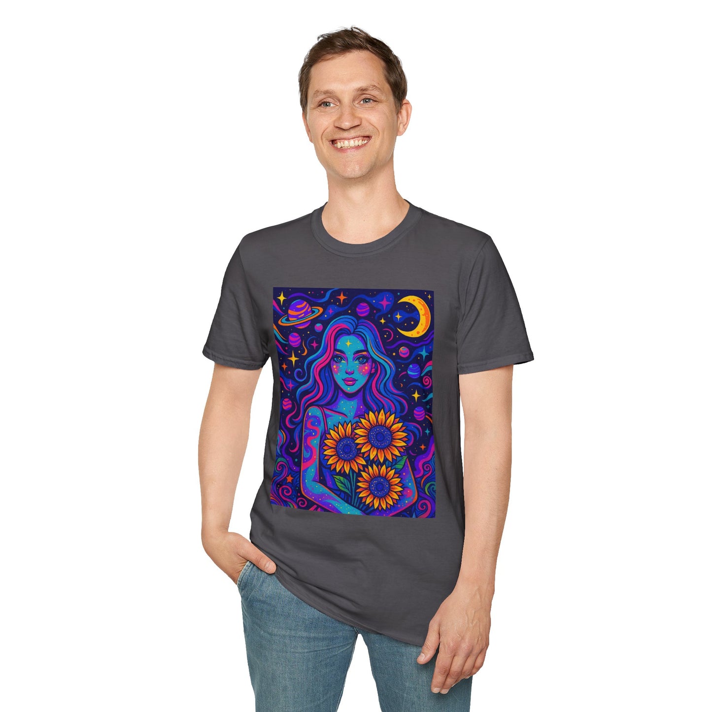 Psychedelic Sunflower Girl Shirt Trippy Space Goddess Tee Gift for Astrology Lovers Cosmic Art T Shirt for Hippies Star Gazers and Moon Magic Fans
