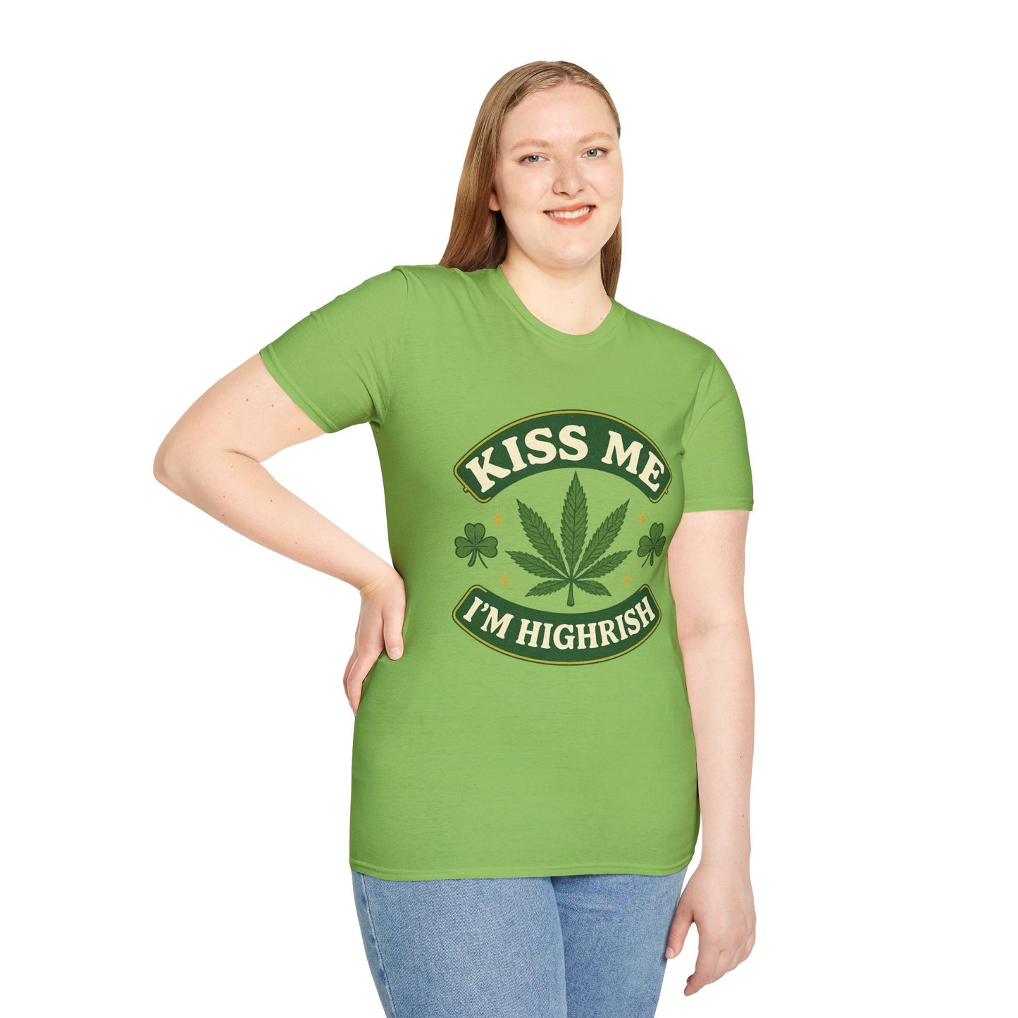 Kiss Me I’m Highrish Shirt – Funny Weed St. Patrick’s Day Tee – Cannabis Leaf Irish Parody Shirt – Gift for Stoner Friends and Green Beer Fans