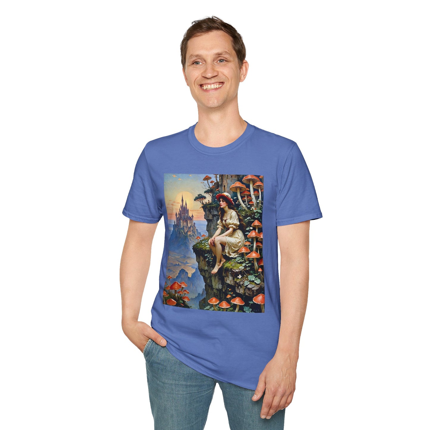 Fantasy Mushroom Fairy T-Shirt Enchanted Castle Cliffside Tee Surreal Magic Art Shirt Gift for Fantasy Fans Gift for Dreamers Psychedelic Nature Tee