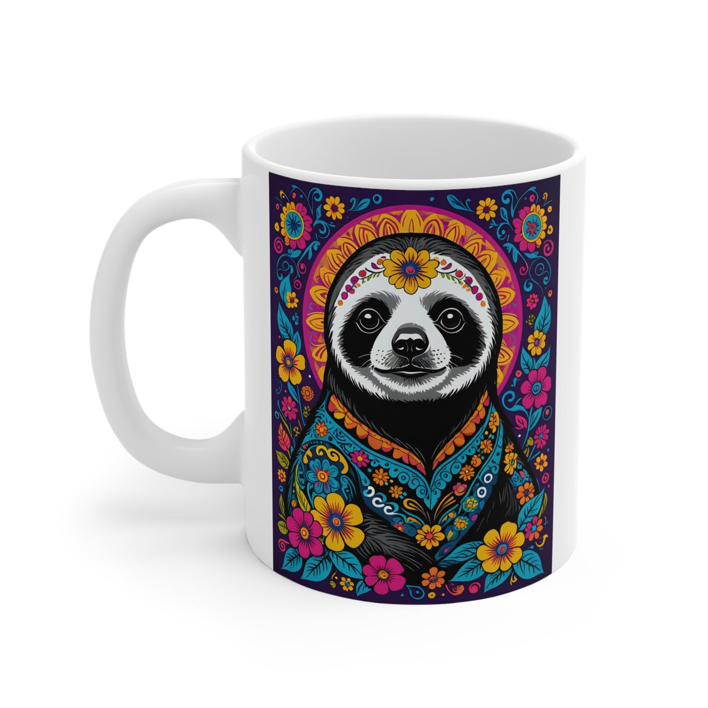 Colorful Sloth Coffee Mug 11oz Ceramic Cup Day Of The Dead Inspired Drinkware Vibrant Floral Artwork Unique Sugar Skull Design For Coffee And Tea