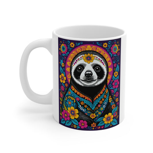 Colorful Sloth Coffee Mug 11oz Ceramic Cup Day Of The Dead Inspired Drinkware Vibrant Floral Artwork Unique Sugar Skull Design For Coffee And Tea