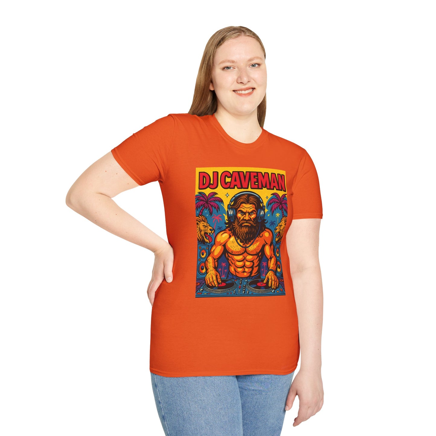 DJ Caveman T-Shirt Funny Rave Party Tee | Prehistoric Clubbing Shirt for Music Lovers | Gift for DJs and EDM Fans | Caveman Aesthetic Shirt