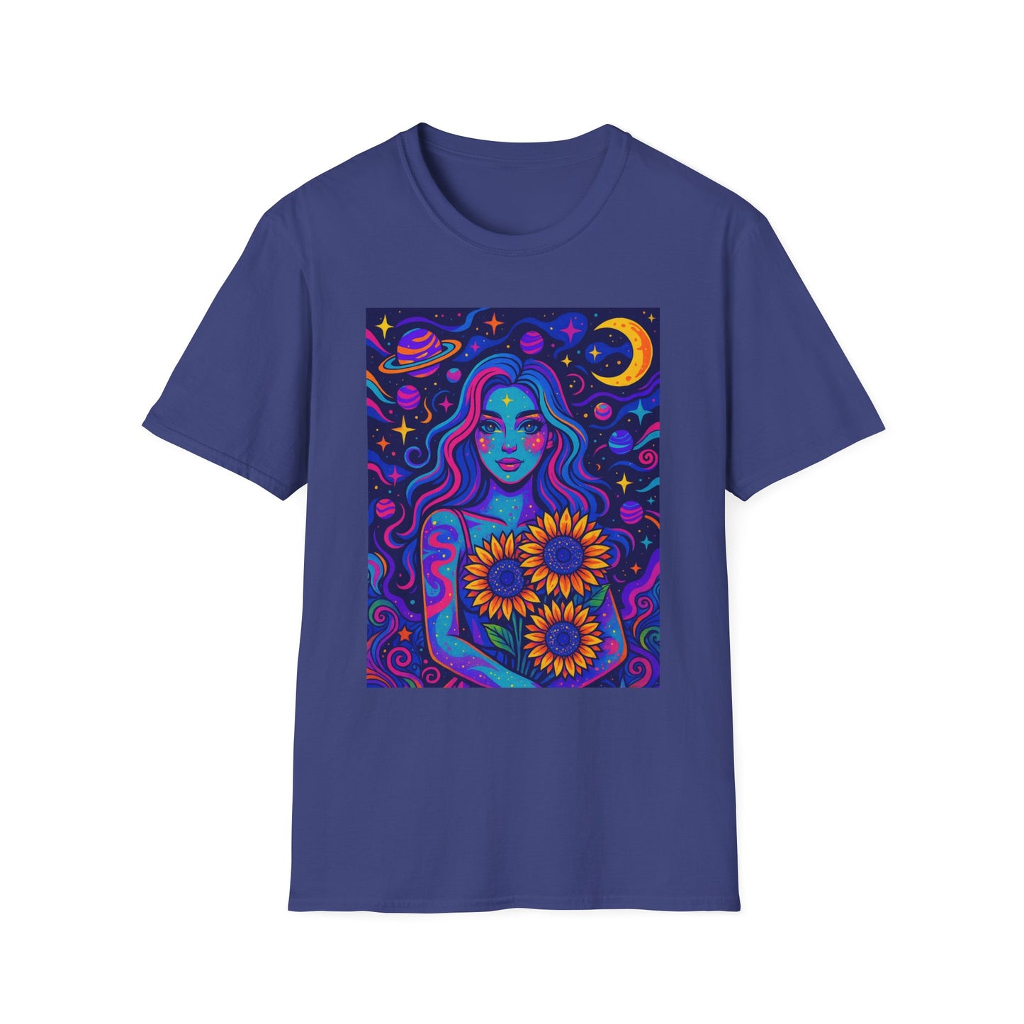 Psychedelic Sunflower Girl Shirt Trippy Space Goddess Tee Gift for Astrology Lovers Cosmic Art T Shirt for Hippies Star Gazers and Moon Magic Fans