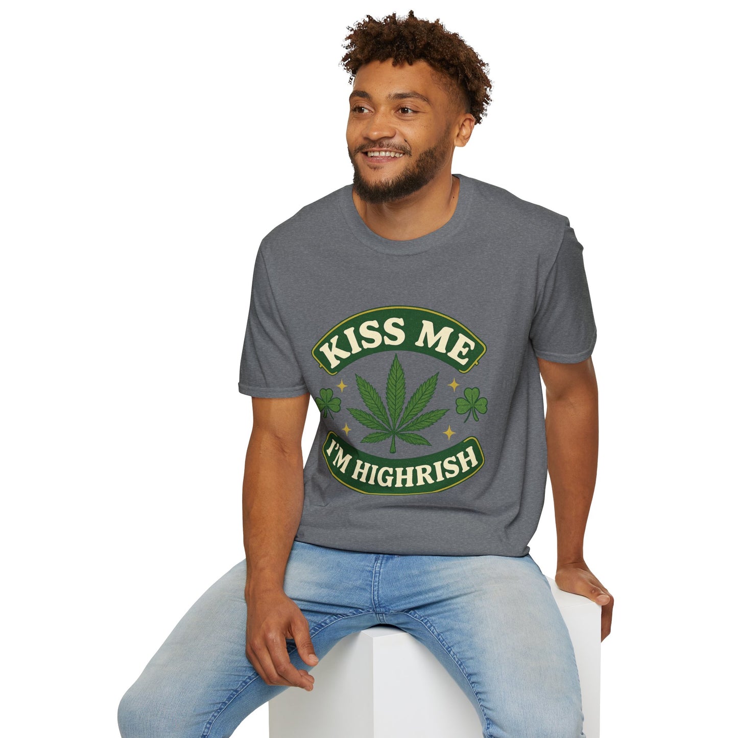 Kiss Me I’m Highrish Shirt – Funny Weed St. Patrick’s Day Tee – Cannabis Leaf Irish Parody Shirt – Gift for Stoner Friends and Green Beer Fans