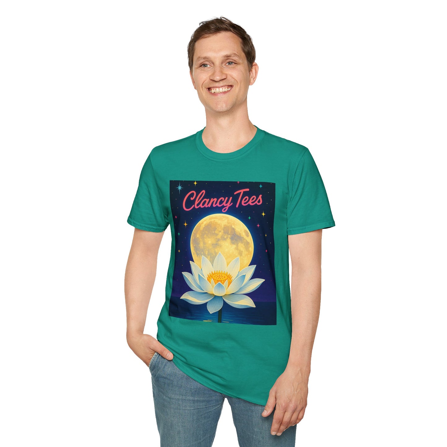 Moon Lotus Clancy Tees Shirt – Ethereal Floral T-Shirt with Full Moon Art – Gift for Nature Lovers, Yogis, Dreamers & Spiritual Aesthetic Fans