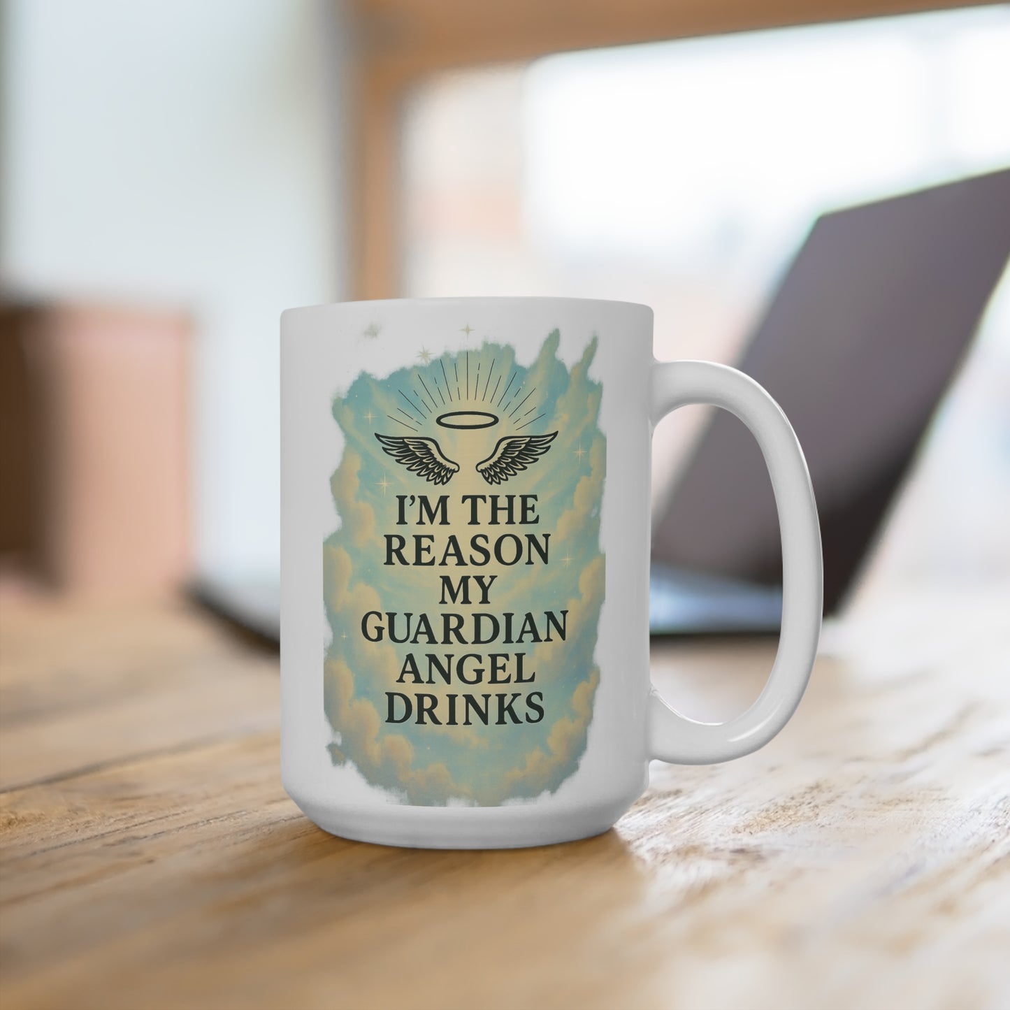 Guardian Angel Drinks Funny Coffee Mug – Sarcastic Religious Humor Cup, Gift for Sinners, Guardian Angel Joke 15oz