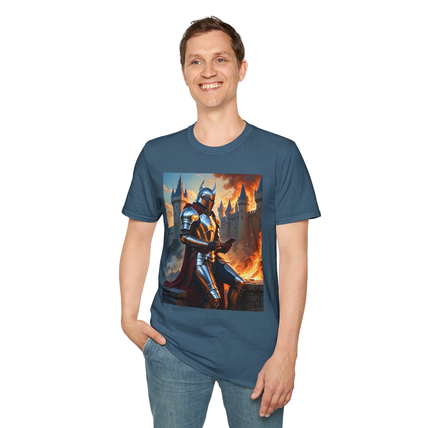 Knight in Burning Castle Shirt – Dark Fantasy Armor Tee – Gift for RPG Fans, Medieval Nerds, and Apocalyptic History Buffs