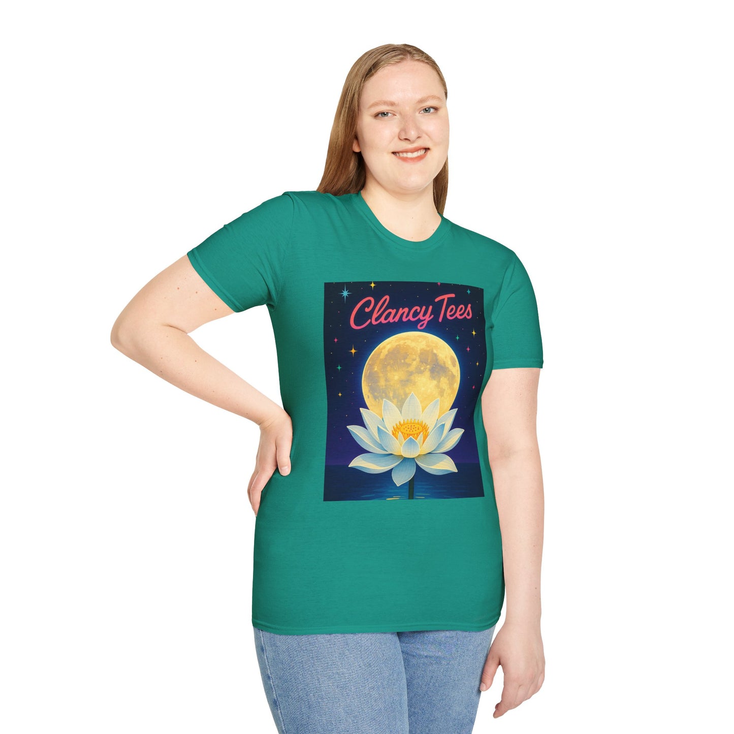 Moon Lotus Clancy Tees Shirt – Ethereal Floral T-Shirt with Full Moon Art – Gift for Nature Lovers, Yogis, Dreamers & Spiritual Aesthetic Fans