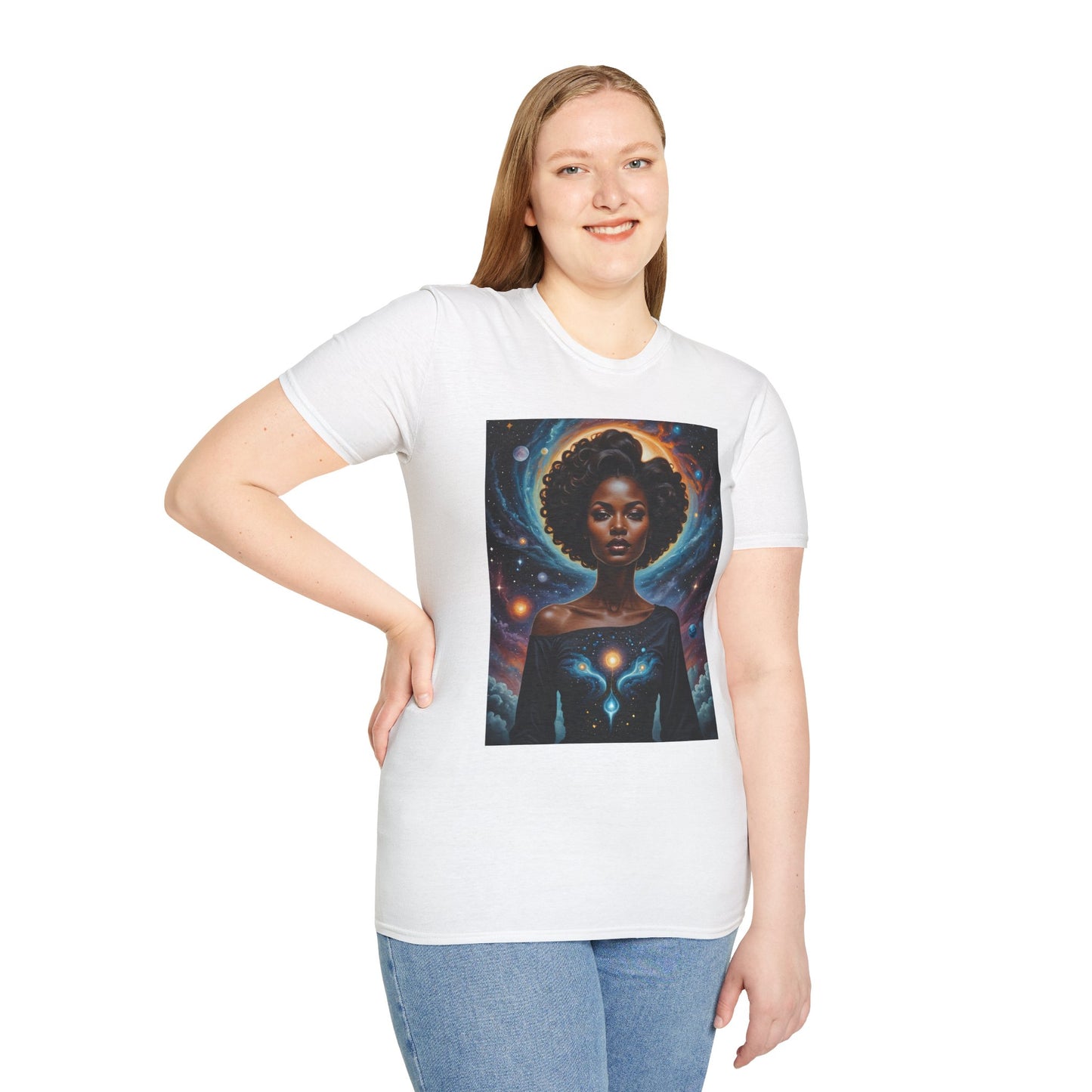 Afrofuturist Cosmic Energy T-Shirt – Celestial Power Graphic Tee, Spiritual Galaxy Shirt, Gift for Astrology Fans, Vibrant Universe Artwork