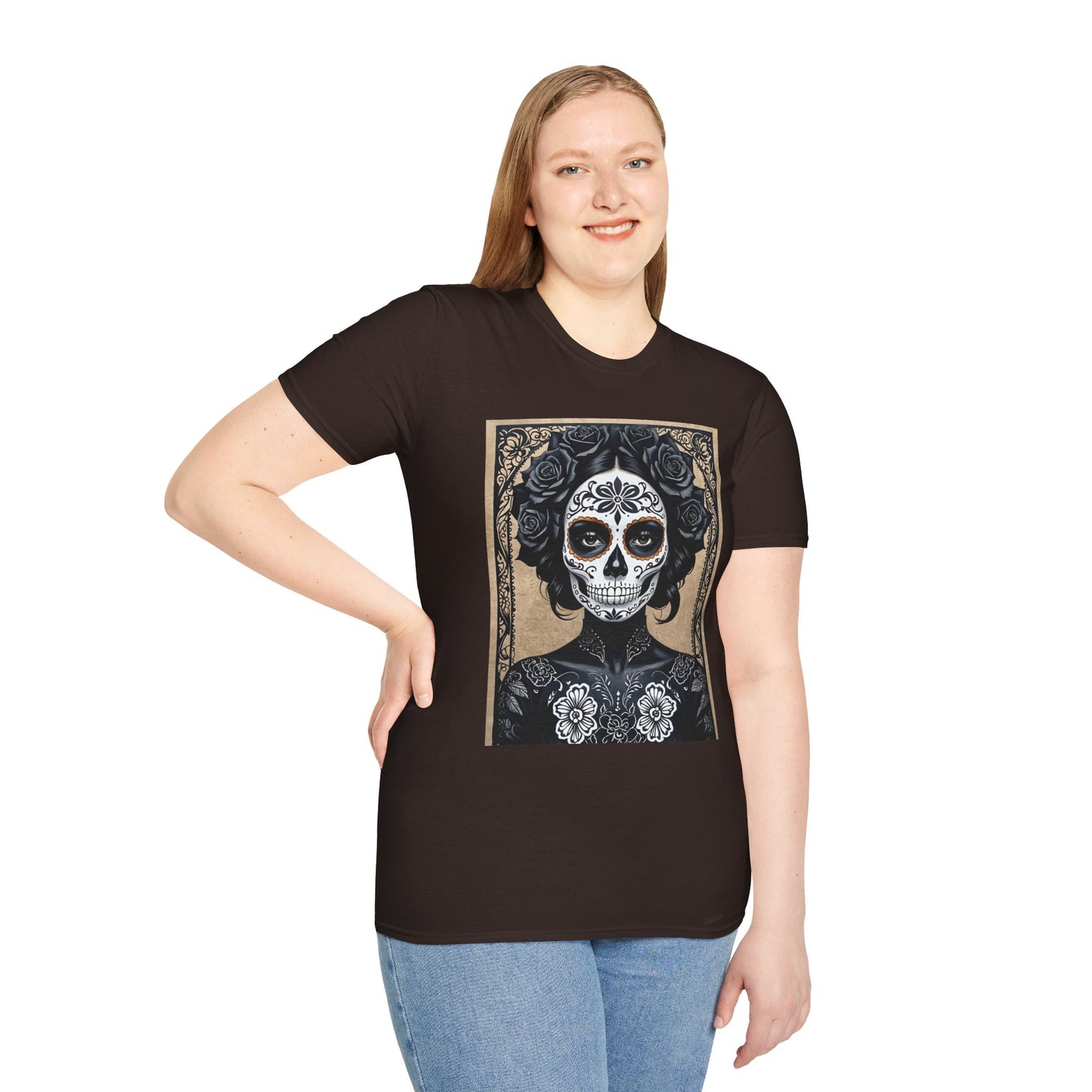 Black Floral Skull Tattoo Shirt – Gothic Día de los Muertos Tee – Gift for Skull Collectors, Tattoo Fans, and Alt Aesthetic Enthusiasts