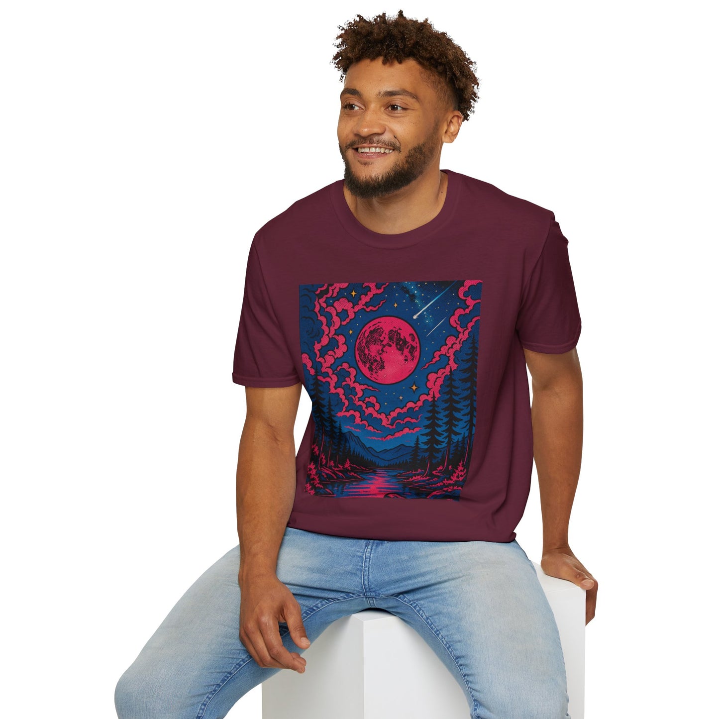 Trippy Red Moon Forest T-Shirt – Surreal Nature Graphic Tee • Psychedelic Night Sky Shirt • Gildan Softstyle® Unisex • Gift for Nature Lovers