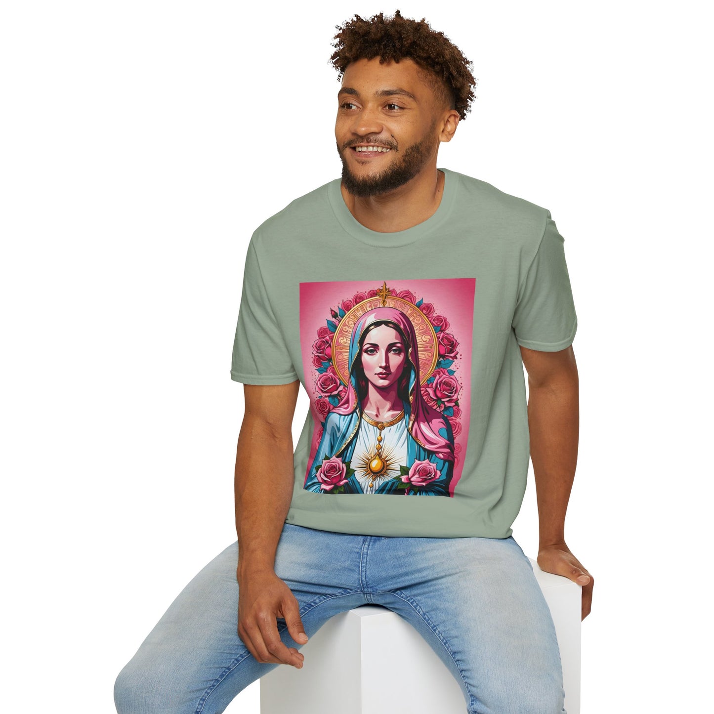 Unisex Softstyle T-Shirt with Sacred Heart Design, Spiritual Apparel, Artistic Gift for Many Occasions, Vintage Aesthetic, Festive Wear
