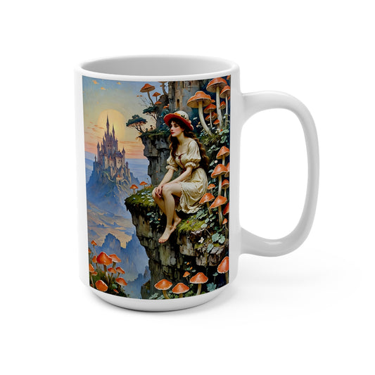 Fantasy Mushroom Princess Ceramic Mug 15oz Cottagecore Coffee Cup Fairy Tale Castle Art Gift For Dreamers
