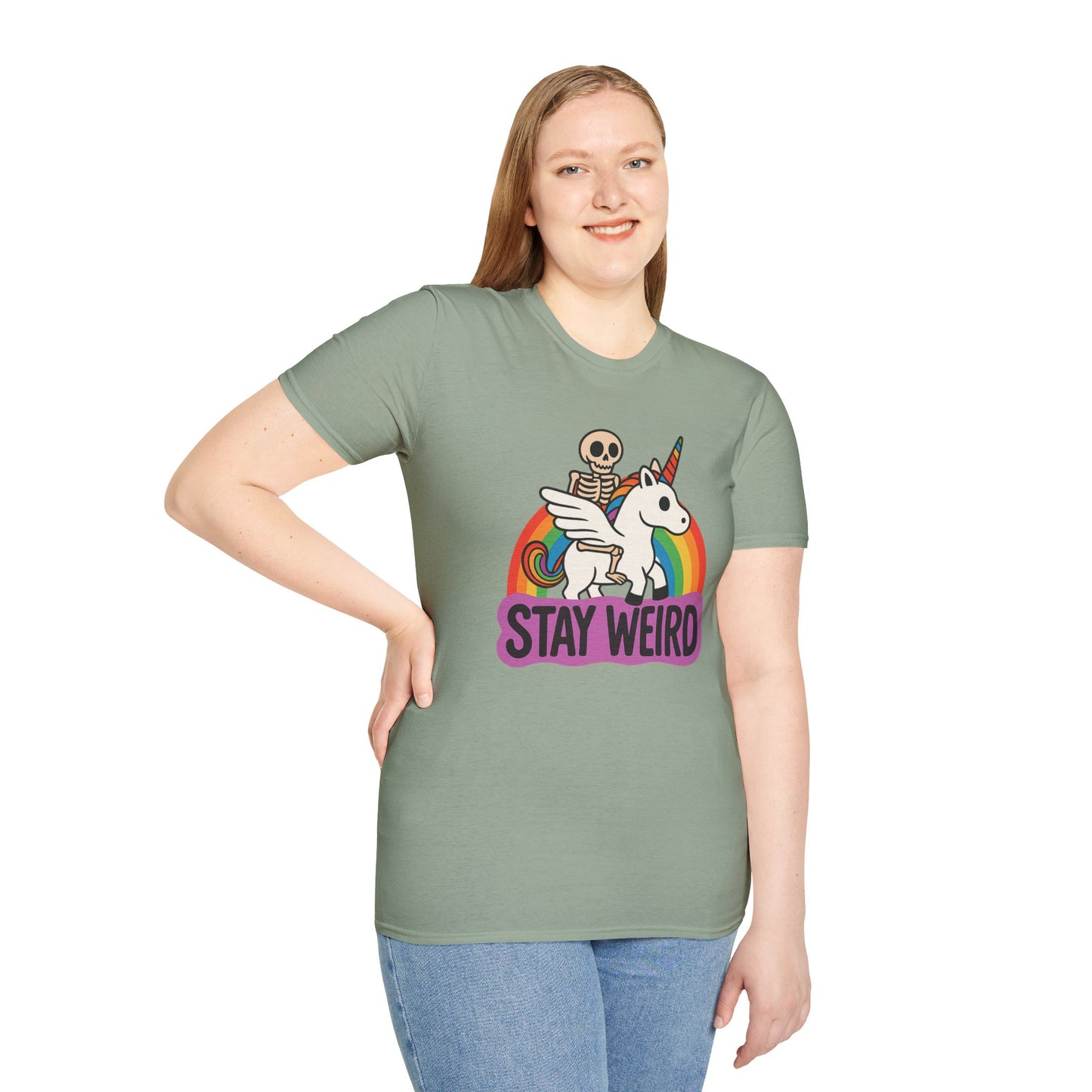 Stay Weird Skeleton Unicorn Shirt – Funny Rainbow Graphic Tee – Whimsical Weirdcore Clothing – Gift for Quirky Friends and Oddball Souls