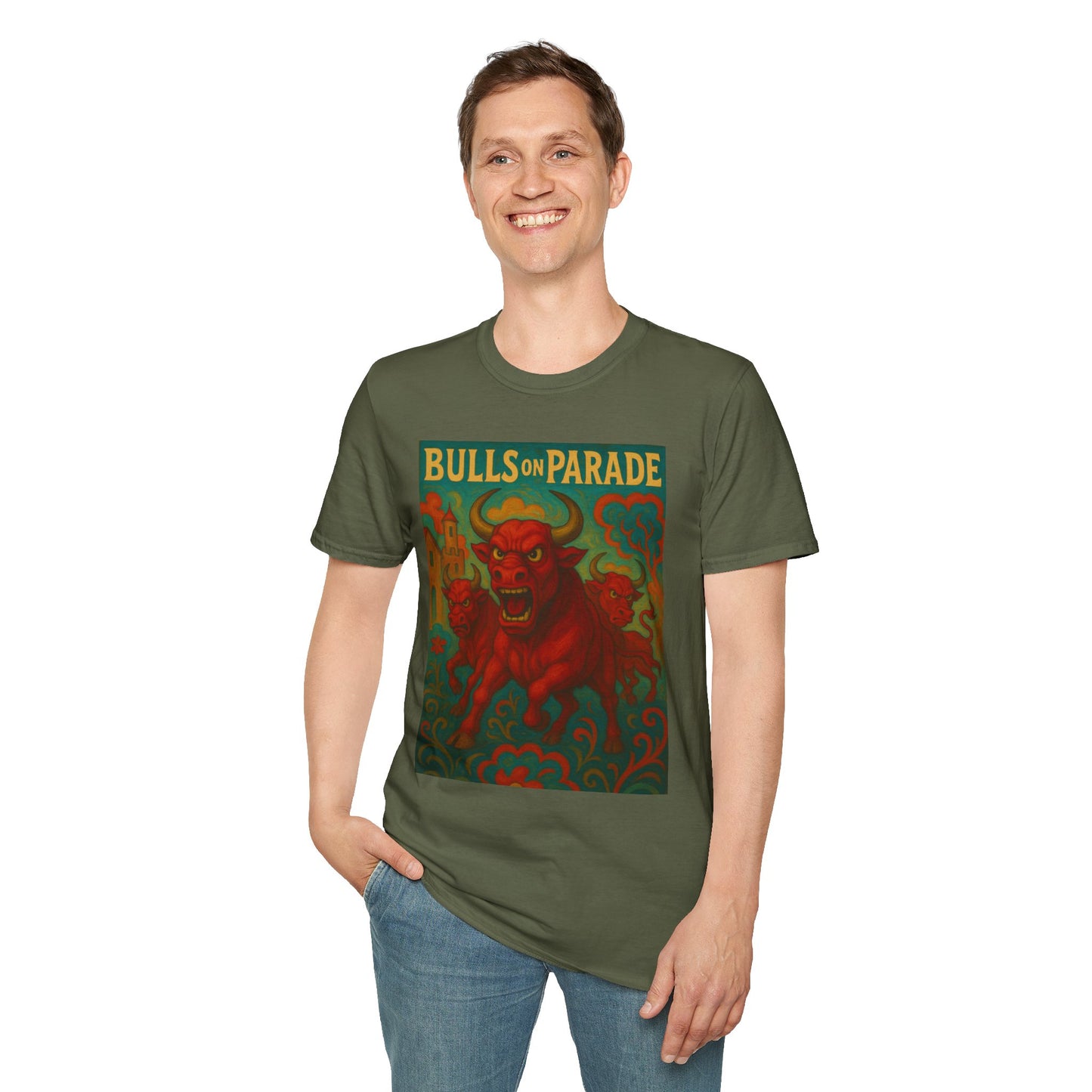Bulls on Parade Shirt – Psychedelic Rage-Inspired Bull Graphic Tee • Gildan Softstyle® Unisex • Protest Art T-Shirt • Gift for Rage Fans