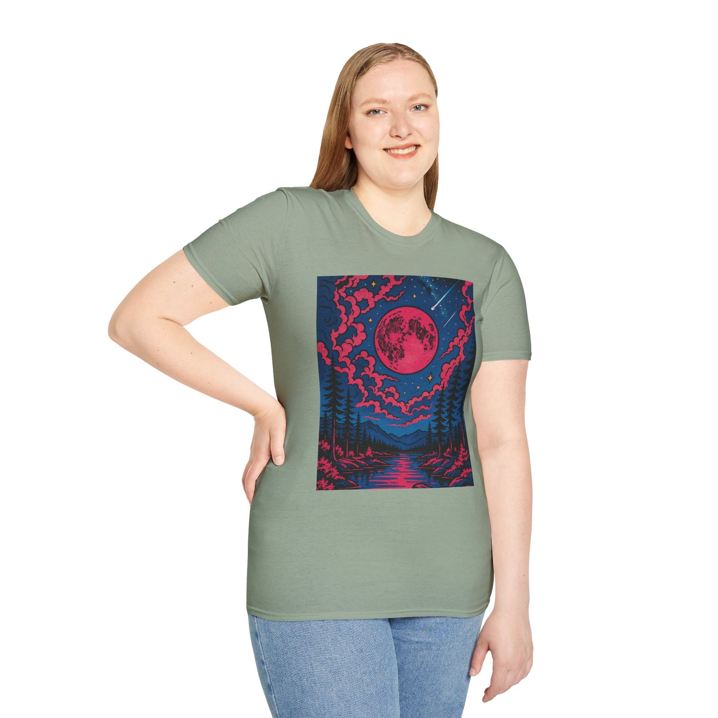 Trippy Red Moon Forest T-Shirt – Surreal Nature Graphic Tee • Psychedelic Night Sky Shirt • Gildan Softstyle® Unisex • Gift for Nature Lovers