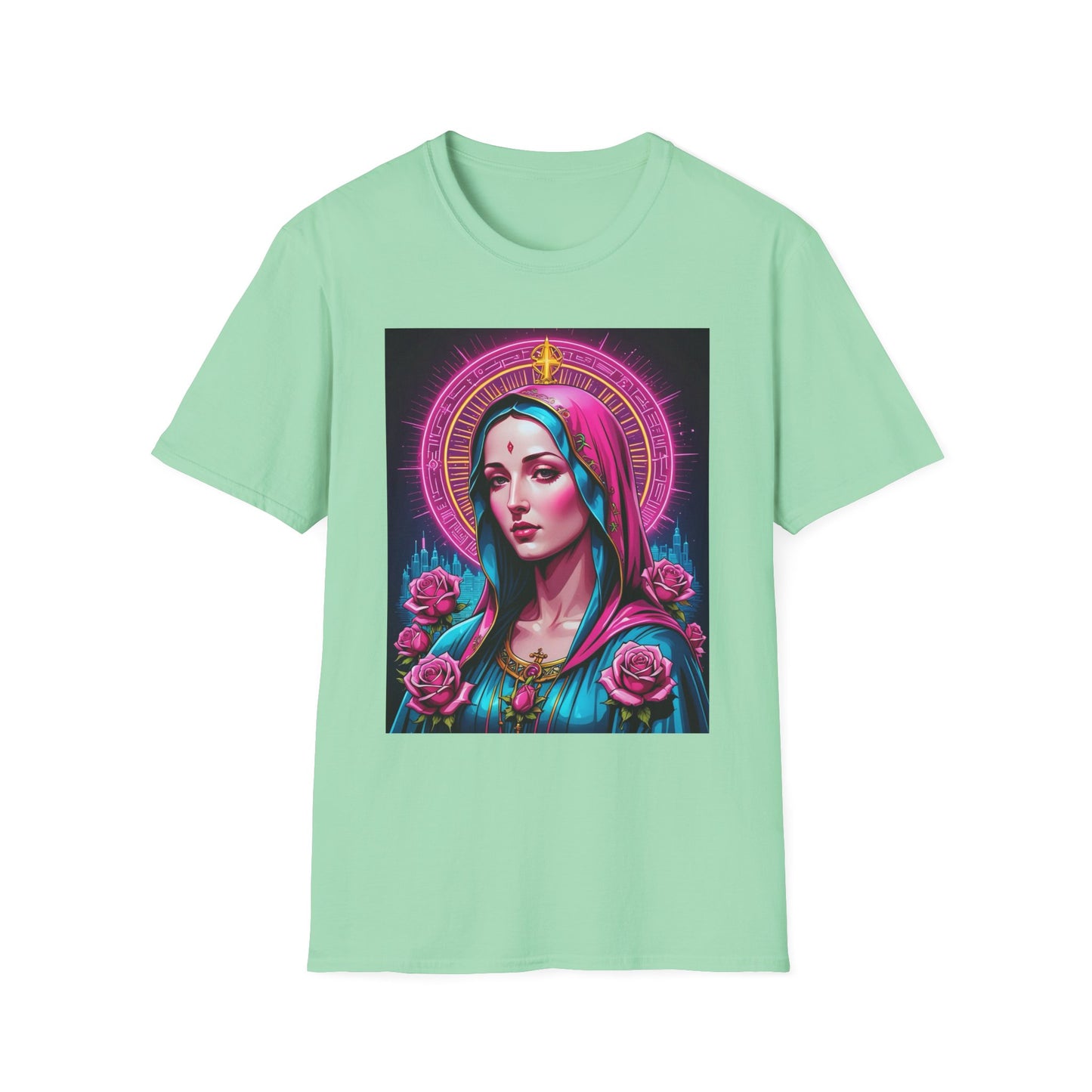 Religious Graphic Tee - Vibrant Mary Artwork, Gift for Devotees, Floral Design Shirt, Faith-Inspired Apparel, Everyday Wear