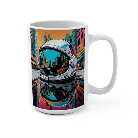 Astronaut Helmet Reflection Mug Futuristic City Sci Fi Coffee Cup 15oz Ceramic Gift For Space And Galaxy Lovers