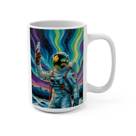 Astronaut Selfie Coffee Mug Psychedelic Northern Lights Ceramic Cup Outer Space Adventure Artwork Gift for Stargazers Cosmic Drinkware Unique Galaxy Art